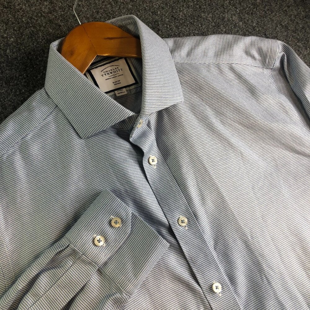 Charles Tyrwhitt Shirt Mens 17 35 Blue Micro Tooth Two Button Cuff Slim Non Iron